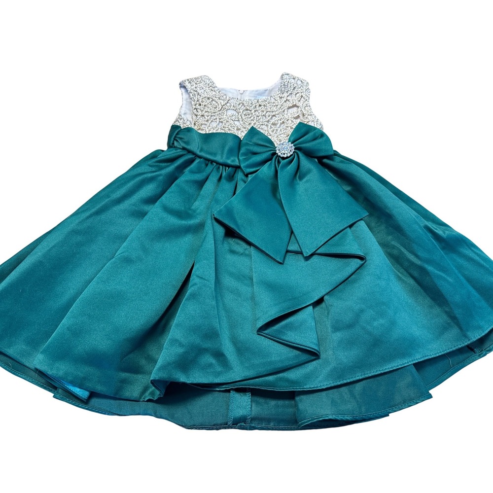 Rare Editions Girls Green Gold Lace Bodice Bow Party Dress Size 2T